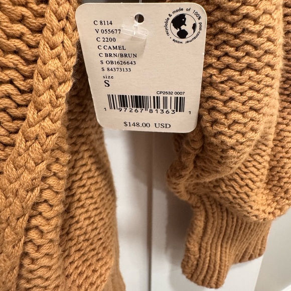 Free People Camel Brown Alli V-Neck Heavy Knit Oversize Sweater Sz S NWT - Picture 6 of 14